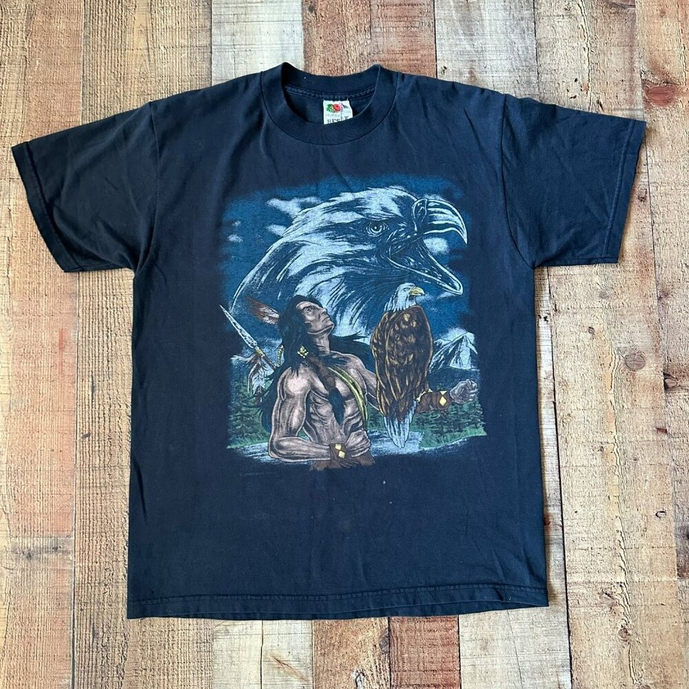 Vintage Fruit Of The Loom Native American & Eagle Graphic T-Shirt Black M